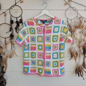 SML Sport Vintage Crochet Colorblock Short sleeve Cardigan Top Boho Size M